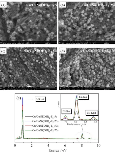 Figure 3. Representative SEM images obtained directly on the Cu-electrode surface modified with CuNi(OH) 2  at different time of E 2  application (a) 5 s; 