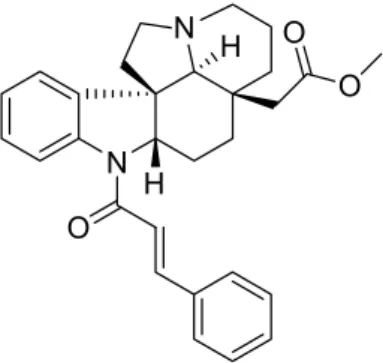 Figure 1. Chemical structure for N 1 -cinnamoyl-12-demethoxycylindrocarine  (methyl  (2β,12β,19α)-1-[(2E)-3-phenylprop-2-enoyl]aspidospermidin-21-oate) (PIA).