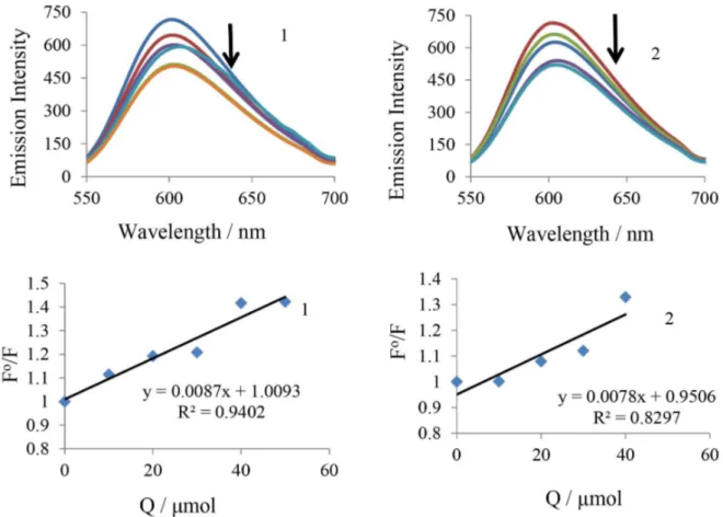 Figure 2. Fluorescence spectra (550-610 nm) and Stern-Volmer plots of complexes 1 (left) and 2 (right) (0-50 µmol) with EB bound CT-DNA