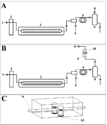 Figure 1. Schematic of the experimental systems: (A) photochemical  vapor generation system; (B) photochemical vapor generation system  with gold trap for pre-concentration and (C) heating system to release the  analyte