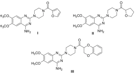 Figure 1. Molecular structures of Prazosin (I), Terazosin (II) and Doxazosin (III).