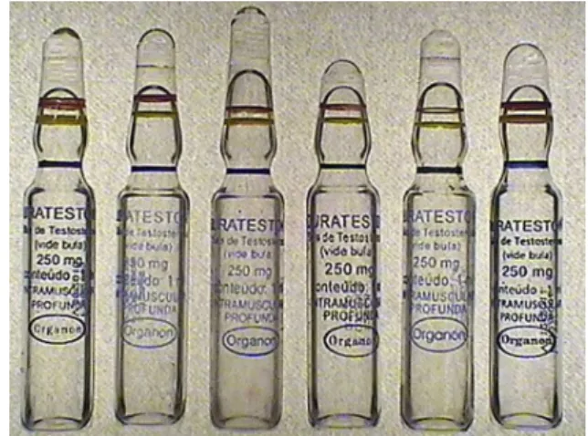 Figure 1. Different ampoules of counterfeit Durateston ®  compared with  an original ampoule (far left)