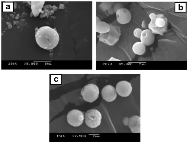 Figure 6. PAA@CaCO 3  particles precipitated from solutions containing (a) 0.05; (b) 0.10; and (c) 2.00 mg mL -1  PAA