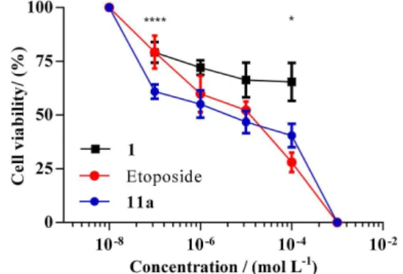 Figure 2 shows the dose-response curve for compound 11a  (N-(4-(3-oxotiomorpholin)phenyl) hexanamide), Etoposide  (positive control) and Rivaroxaban (1) in HCT-116 cells
