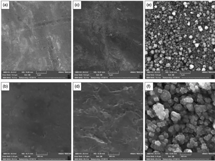 Figure 2. The SEM images of (a, b) PGE; (c, d) APGE and (e, f) CuO/APGE at 15.0 (a, c, e) and 65.0 (b, d, f) magnification.