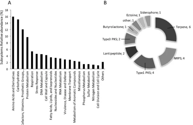 Figure 3. Actinomadura spp. BRA 177 genome annotation. (A) Bar graph showing relative abundances of RAST signed functional Subsystems; (B) pie  chart showing the classes of biosynthetic gene clusters (BGCs) for secondary metabolites found in BRA 177 genome