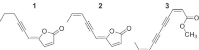 Figure 1. Chemical structures of (4Z)-lachnophyllum lactone (1), (4Z,8Z)- (4Z,8Z)-matricaria lactone (2), and (2Z,8Z)-(4Z,8Z)-matricaria acid methylester (3).