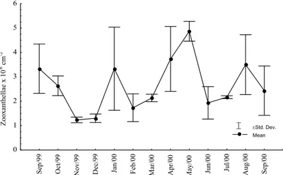 Fig. 2.  Seasonal variations of zooxanthellae mean densities of  Montastrea cavernosa ,  collected between September 1999 and 2000 in the reefs of Picãozinho, Brazil