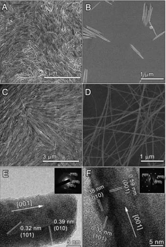 Figure 1. (A, B) SEM images of short Te nanowires synthesized from  the reduction of TeO 2  by H 3 PO 2  with the assistance of Brij as surfactant; 
