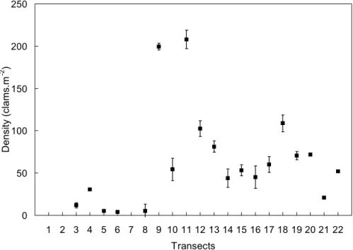 Fig. 4. Density of Mesodesma mactroides (individuals/m 2 ) on each transect along Monte Hermoso  beach (Mean ± Standard Error) 