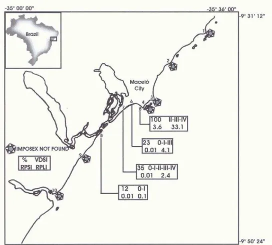 Fig. 1. Study area map showing the location of stations, occurence of imposex, and imposex development  indexes VDSI, RPSI, RPLI