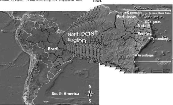 Fig. 1.  Map of the Northeastern Coast of Brazil showing the two fishery operating areas:  Seamounts “Sirius” (03°59' S; 