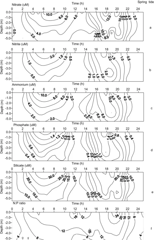 Fig. 6. Time-space distribution of chemical variables monitored at the fixed station in Bertioga channel  during the spring tide: (a) Nitrate (µM), (b) Nitrite (µM), (c) Ammonium (µM), (d) Phosphate (µM), (e)  Silicate (µM) and (f) N:P ratio