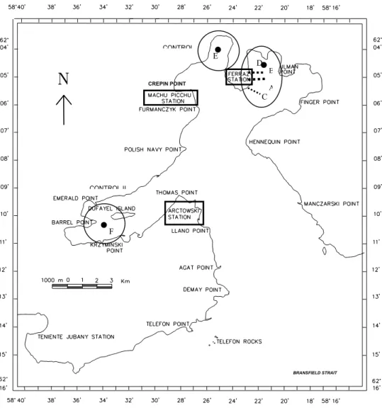 Fig. 1. Sampling stations at Admiralty Bay, King George Island, Antarctica. See Table 1 for station descriptions