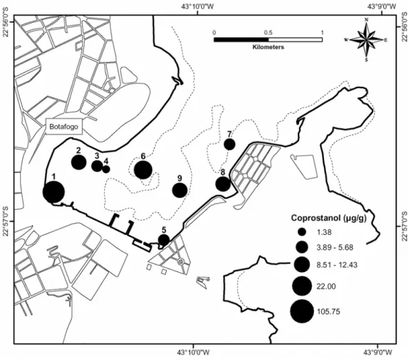 Fig. 3. Distribution of coprostanol (in µg g -1  sediment dry wt.) in superficial sediments (0-2 cm)