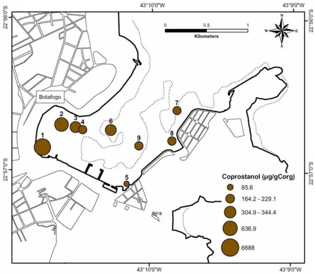 Fig. 4. Distribution of coprostanol (µg g -1  organic carbon) in superficial sediments (0-2 cm)