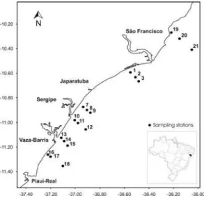 Fig. 1. Continental shelf off Sergipe and  Alagoas with the  sampling stations. 