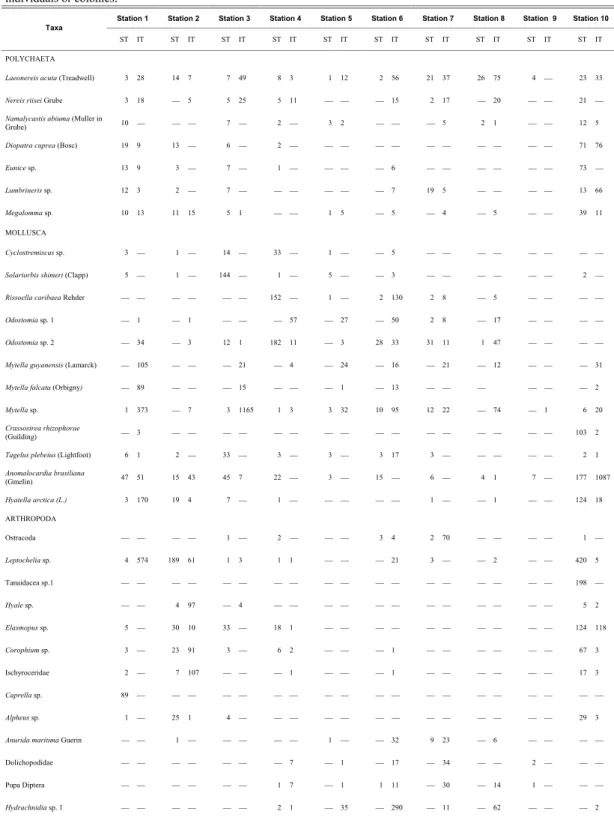 Table 2A. Species accounting for &gt;0.5% of the total number of individuals in the intertidal (IT) and subtidal (ST) soft bottom  communities in the Vitória Bay estuarine system, south-eastern Brazil