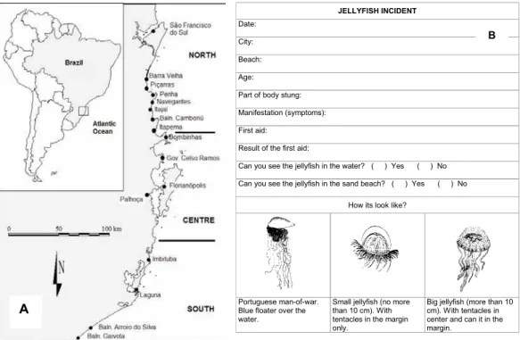 Fig. 1. A) Municipalities monitored for incidents involving jellyfish on the coast of Santa Catarina (Brazil) during three  summers, from 1999 to 2002 and B) Questionnaire showing record of incidents involving jellyfish used by the Santa Catarina  Fire Ser