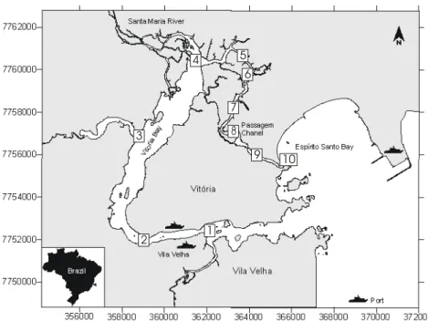 Fig. 1.Vitória Bay/Passage Channel estuarine system with the sampling stations. 