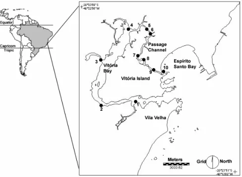 Fig. 1. Map showing the location of ten sampling stations in the Vitória Bay/Passage Channel estuarine system