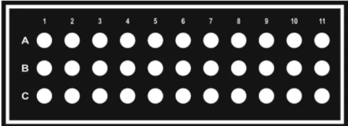 Figure 1. Layout of the microplate containing 33 wells arranged into  11 columns with 3 wells each.