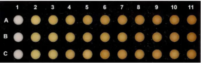 Figure 2. Optical micrograph showing colorimetric assays for glucose at  concentration levels ranging from 0 (column 1) to 10 mmol L -1  (column 11)  with 1 mmol L -1  increments.