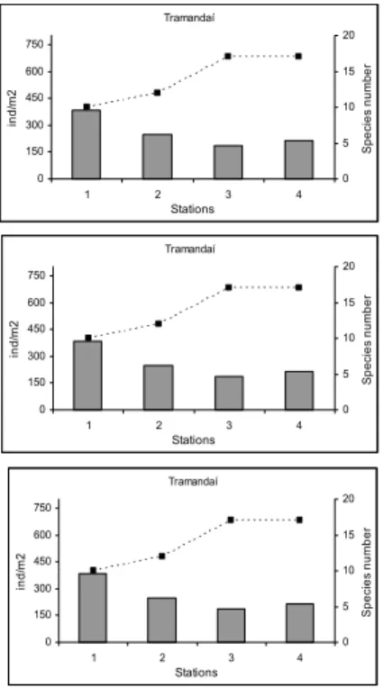 Fig. 3. Total mean density (bars) and  species number per station (dotted lines)  using all data set of each beach