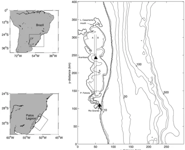 Fig. 1. The study area. Straight lines along the longitudinal axis of the lagoon are transects A and B