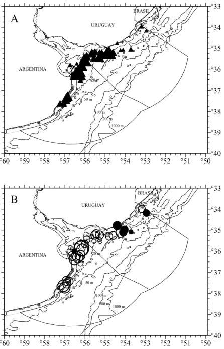 Fig. 4. Distribution and density of males (▲) (A) and females (○) (B) of Mustelus schmitti in the  Argentinean-Uruguayan Common Fishing Zone for spring inshore cruise Immature and mature  specimens are represented by empty and full symbols respectively