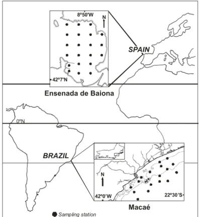 Fig. 1. Locations of the study areas. The black dots represent the oceanographic stations.