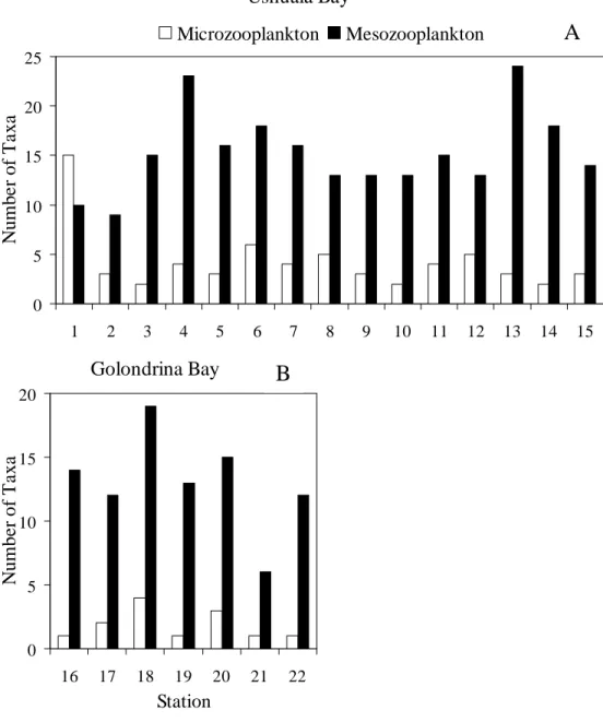Fig. 2.Taxa number of micro and meszooplankton in Ushuaia (A) and Golondrina (B) Bays
