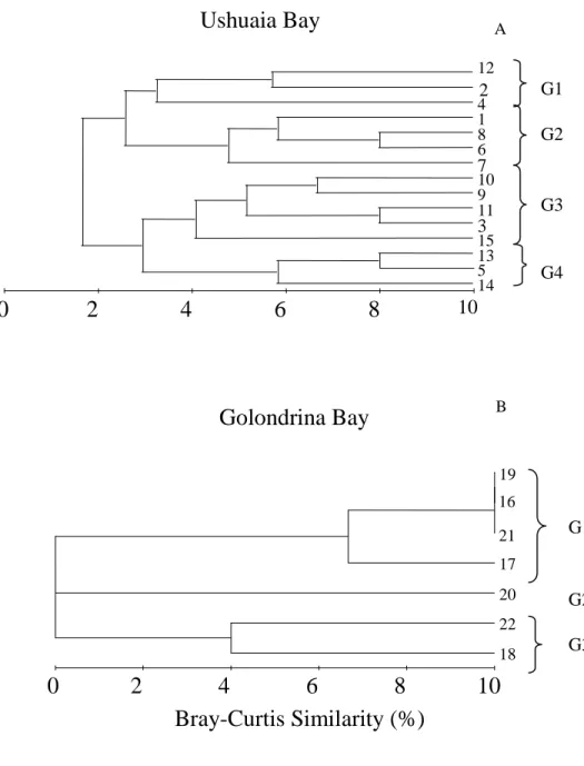 Fig. 4. Cluster showing microzooplankton sample groups for Ushuaia (A) and Golondrina (B) Bays