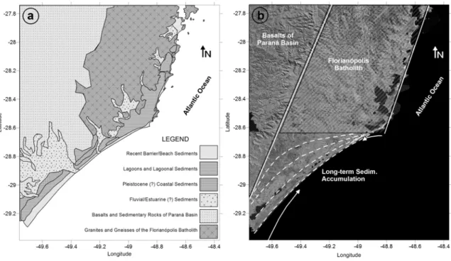 Fig. 8. Schematic geological chart of the area (a) and satellite images mosaic from the area showing its two main structural  components (b)