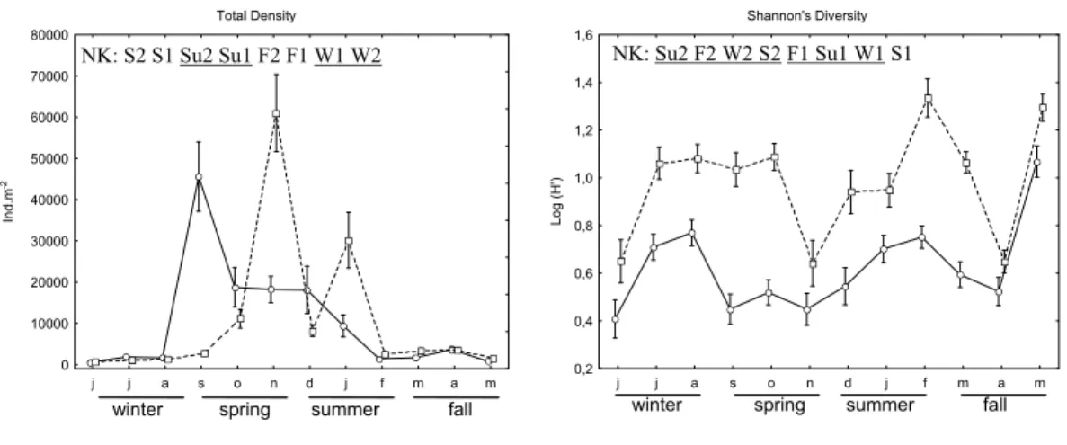 Fig. 4. Total density and diversity during the 12 months sampled. Mean + Standard Error