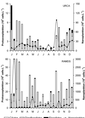 Fig. 2. Protozooplankton categories and nanoplankton  abundances, from January to December 2000 in Guanabara  Bay