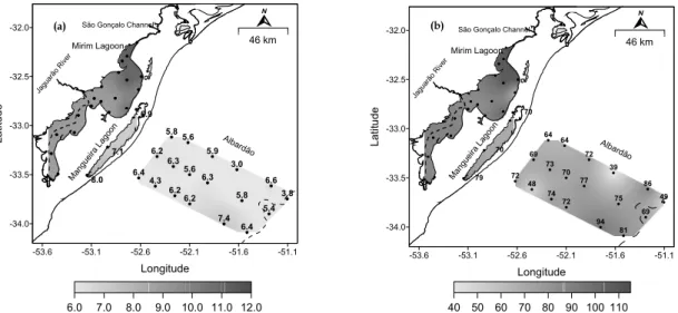 Fig. 3. Distribution of dissolved oxygen (mg L -1 ) and oxygen saturation (%) along the study area