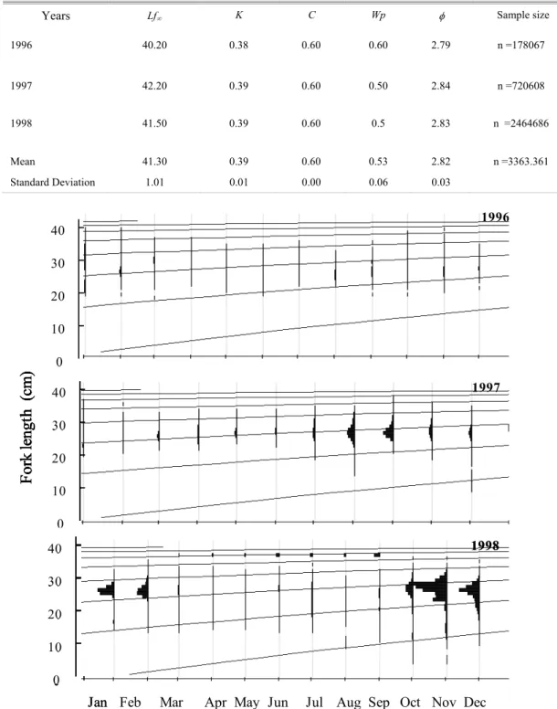 Table 2. Growth parameters of  S. japonicus peruanus obtained by ELEFAN I method from 1996 to 1998