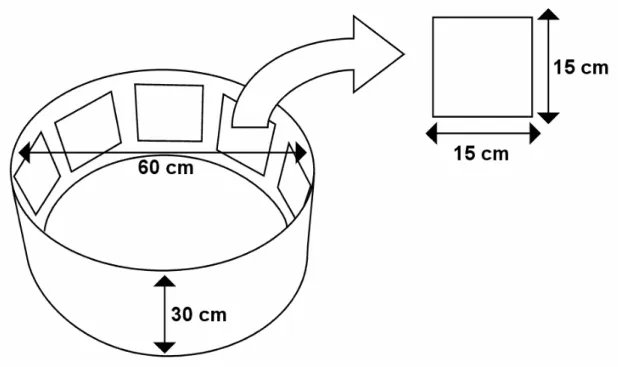 Fig. 1. PVC ring-shaped experimental blocks (60 cm diameter, 30 cm height and 3 mm thickness) with 10 roughened PVC  panels as experimental units (E.U., 15 x 15 cm, 3 mm thickness) vertically oriented inside the ring