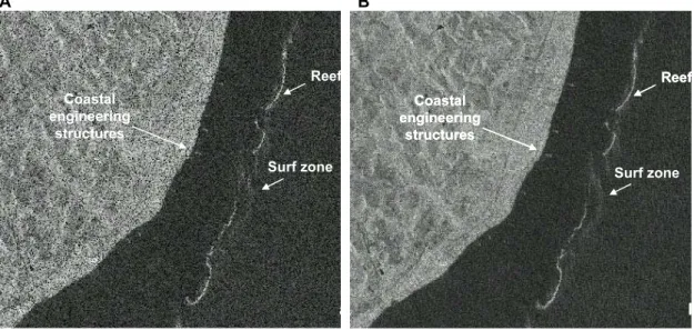Fig. 3. A) Raw SAR/RADARSAT-1 image; B) SAR/RADARSAT-1 image filtered by the Kuan filter with a 3x3 window