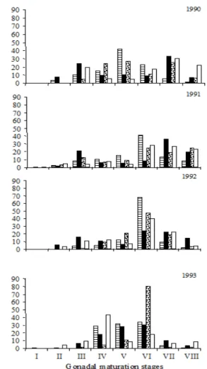 Fig.  3.  Seasonal  distribution  of  gonadal  maturation  stages  of  S. 
