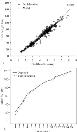 Fig.  7.  Relationship  between  OR  and  FL  (combined  sexes)  showing  adjusted  multiplicative  model  (a);  mean  observed  and backcalculated lengths (b) for S