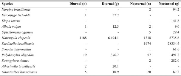 Table 3. Total number of individuals (n) and weight (g) of fish species in Prainha beach in diurnal and nocturnal periods  (September/01 to August/02)