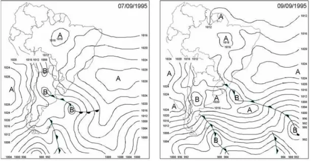 Fig. 2. Barometric pressure charts for September 7th and 9 th , 1995 recording the passage of a cold front over the Rio Grande do  Sul coast