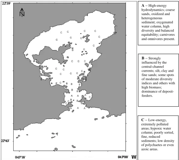 Fig. 7.  Soft-bottom polychaete fauna and environmental characteristics for the three faunistic zones in Guanabara Bay