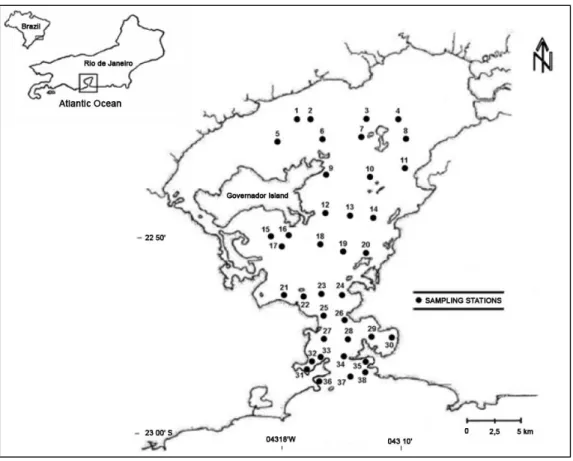 Fig. 1. Map of Guanabara Bay, showing the 38 sampling stations. 