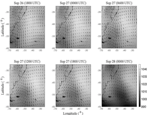 Fig. 7. Synoptic situation regarding the atmospheric pressure and the wind filed during the 8 th  event