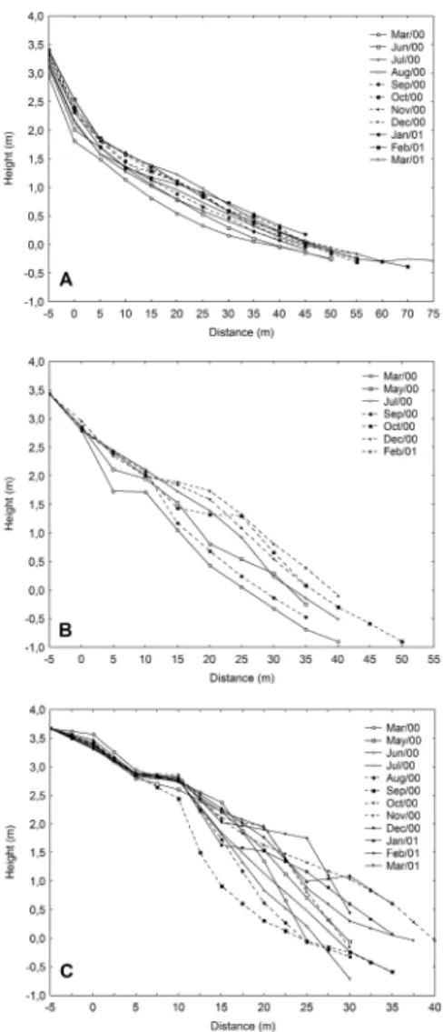 Table 1. Mean annual values of grain size (MG), sorting (Sort), water table depth (WD) and water content of sediment (WC)  along  the  subaerial  profile  of  Navegantes,  Brava  and  Taquaras  Beaches