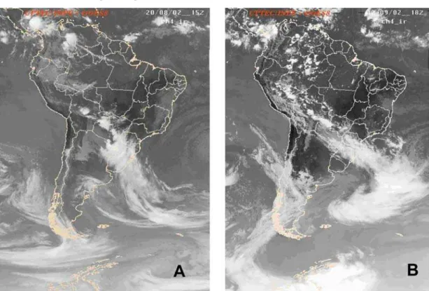 Fig. 2. Satellite image of cold fronts monitored in August (A) and September (B) in Santa Catarina