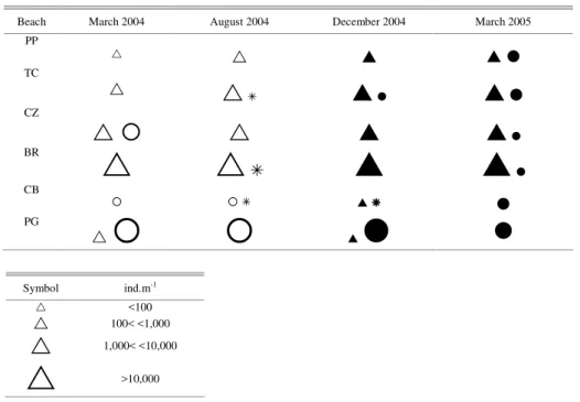 Table 2. Occurrence (individuals.m -1  ) of the three species of talitrid amphipod collected on each beach  before  (March  and  August  2004,  white  symbols)  and  after  (December  2004  and  March  2005,  black  symbols)  the  accident